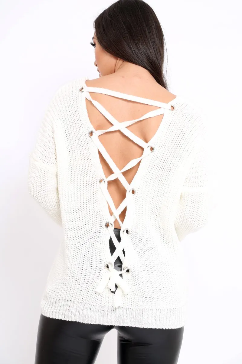 Cream Chunky Knit Lace Up Back Jumper - Perrie