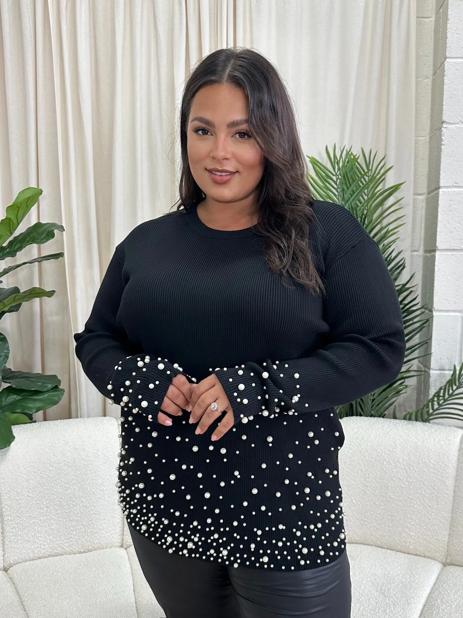 Cruz Black Pearl Detailed Ribbed Plus Size Jumper