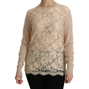 Dolce & Gabbana Elegant Beige Lace Crew Neck Cashmere Blouse