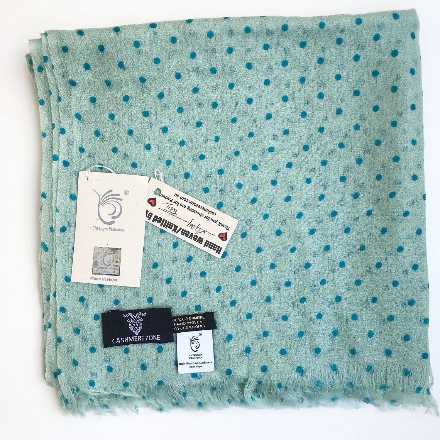 Dot Print Diamond Weave Pure Pashmina Shawl Mint