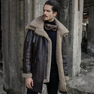 Double Collar Shearling Aviator Fur Long Coat