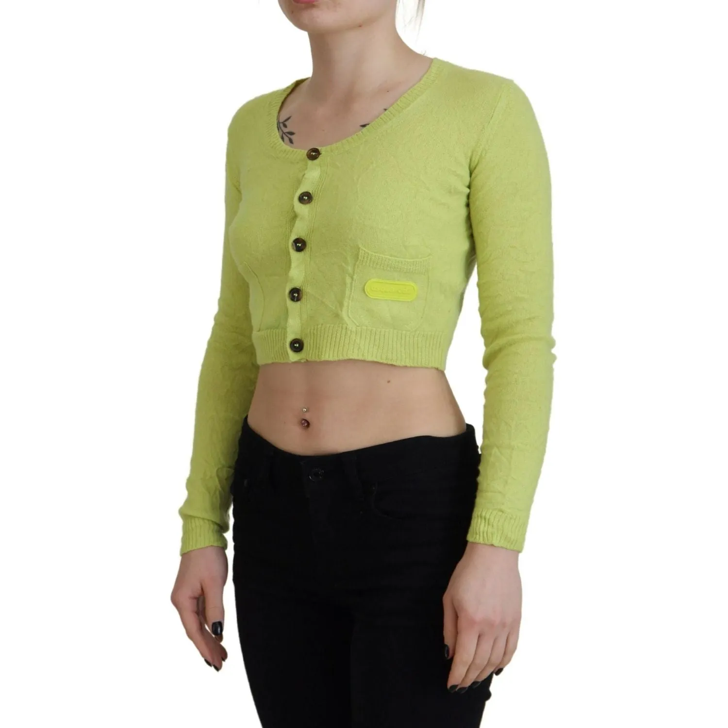 Dsquared² Yellow Green Cashmere Long Sleeves Cropped Sweater