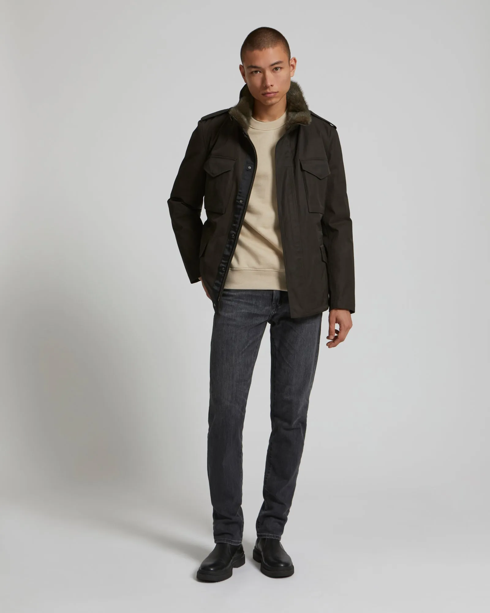 Field jacket en gabardine technique avec col en vison