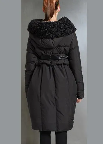 Fine plus size womens parka tie waist coats black fur collar goose Down coat