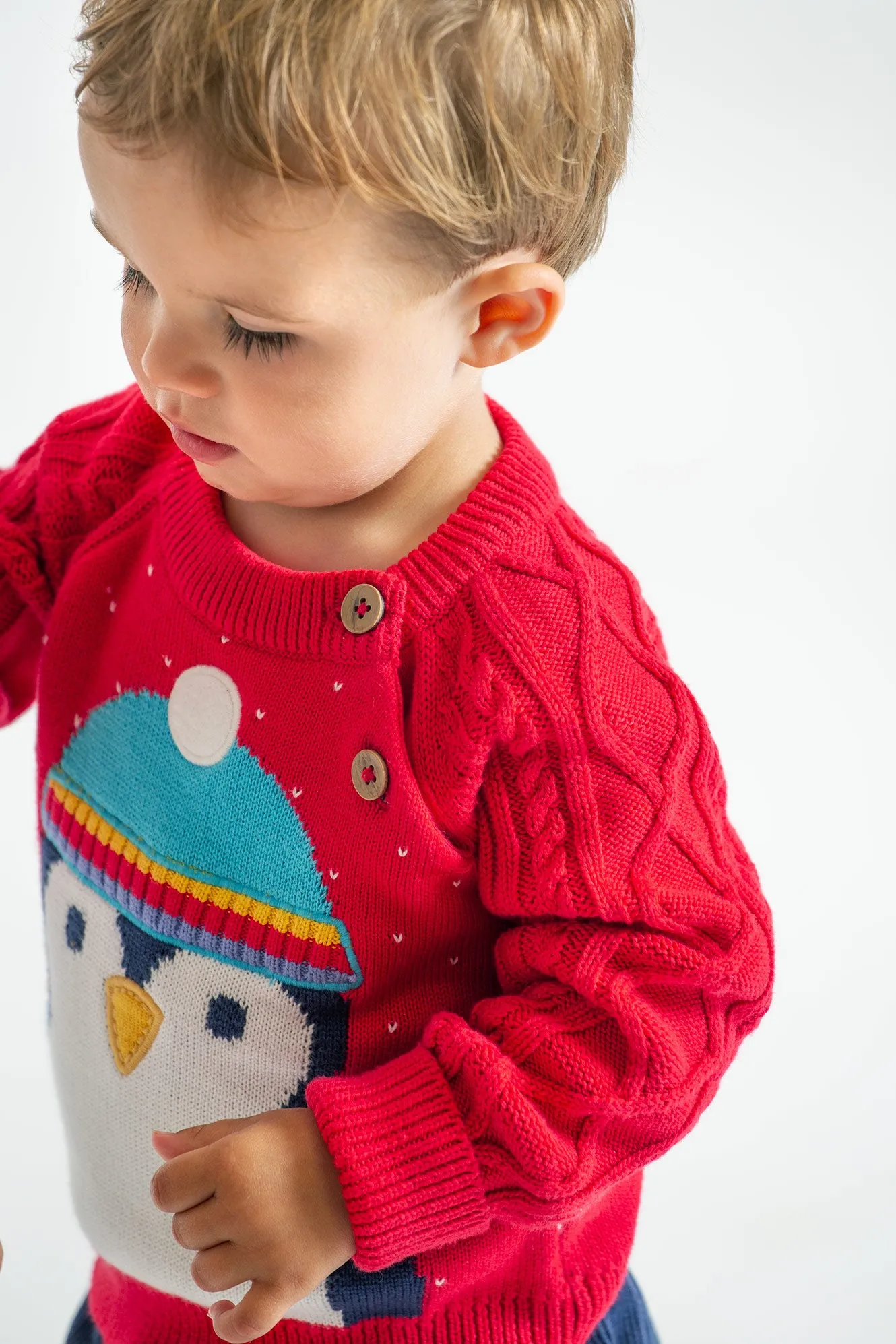 Frugi Caleb Knit Jumper Red Penguin