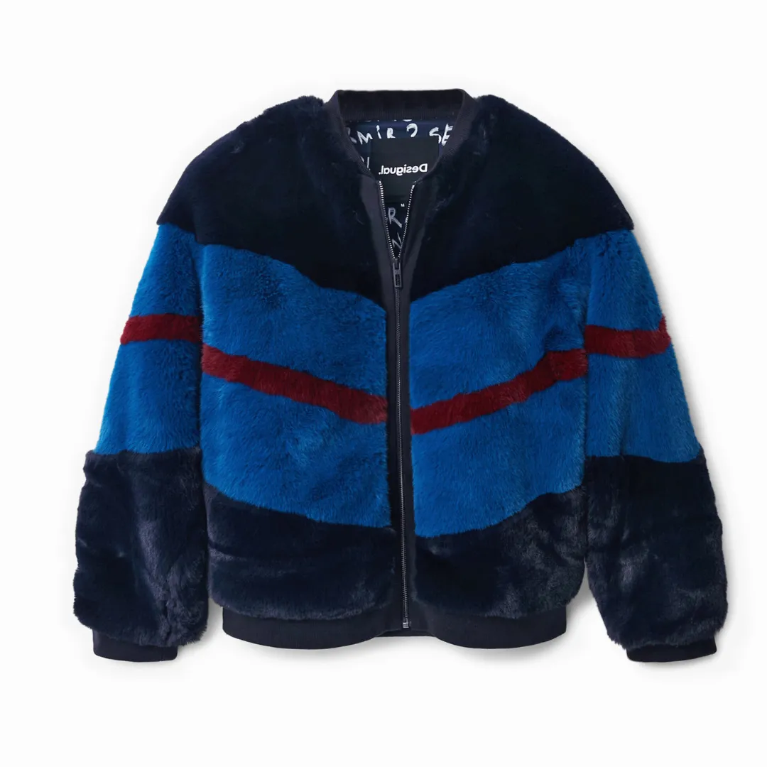 Fur-Effect Bomber Varsity Jacket