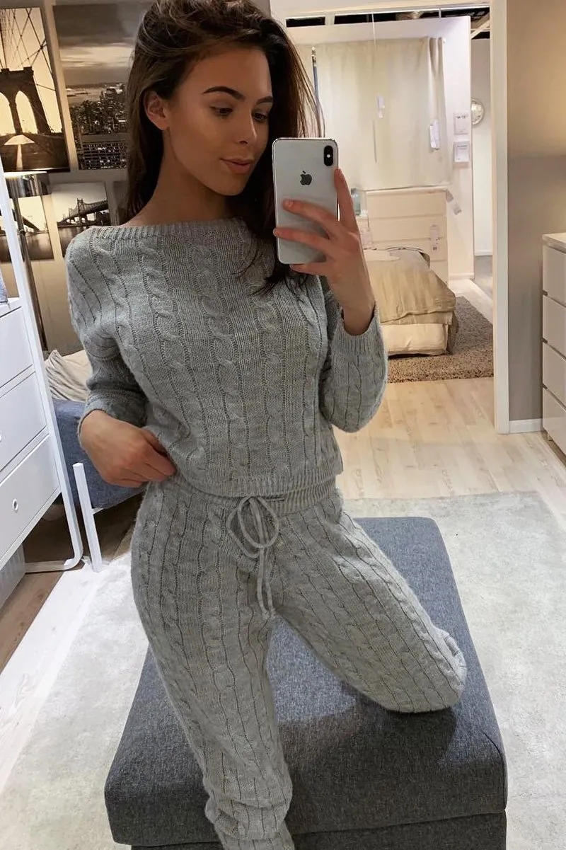 Grey Cable Knit Jumper Jogger Co-Ord - Gabbi