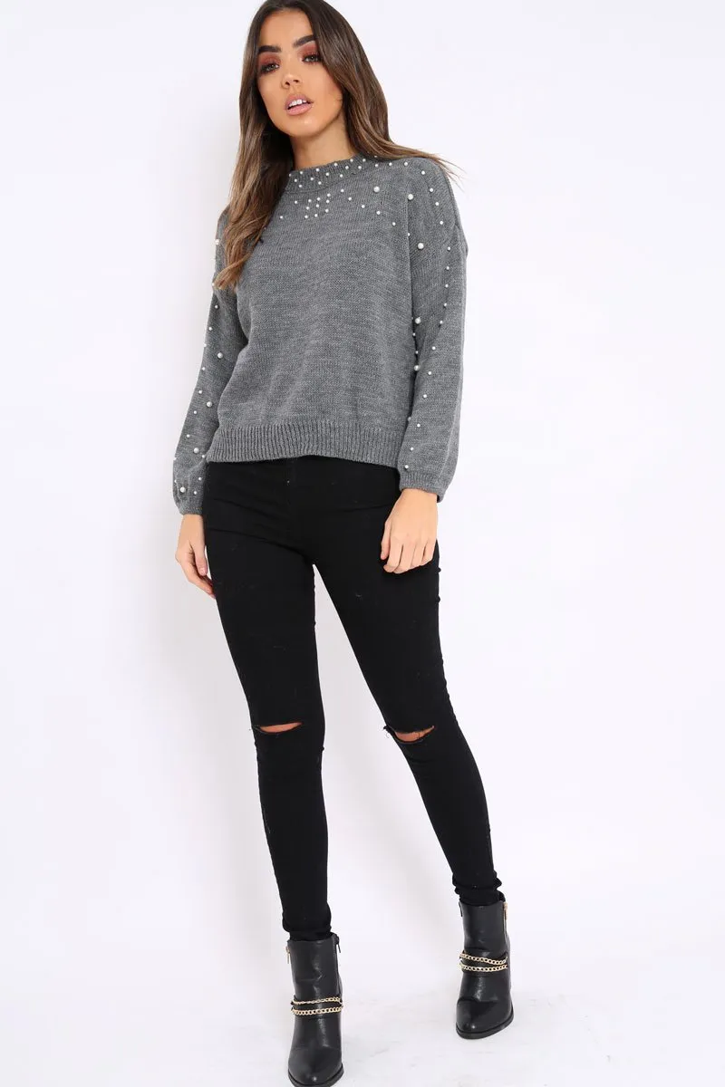 Grey Puff Sleeve Pearl Chunky Knit Jumper - Nancie