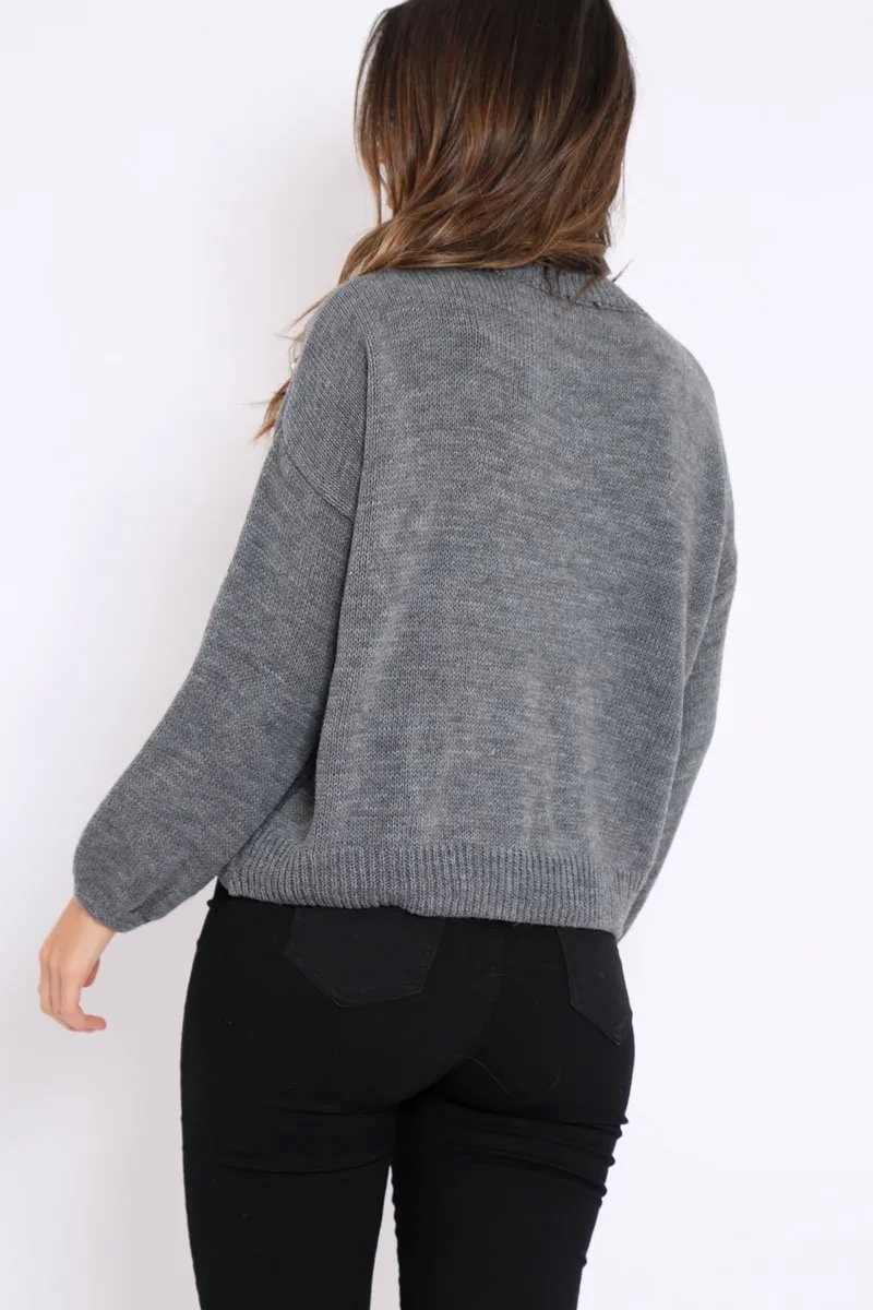 Grey Puff Sleeve Pearl Chunky Knit Jumper - Nancie