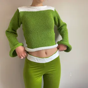 Handmade knitted colour block jumper in green and white