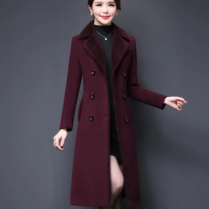 High Quality Thicken Cashmere Collar Wool Blends Women Coat