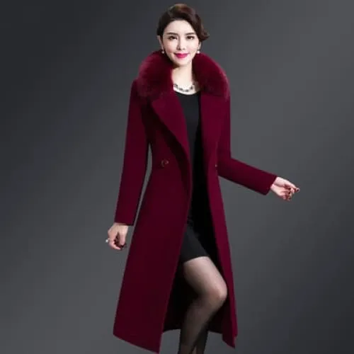 High Quality Thicken Cashmere Collar Wool Blends Women Coat