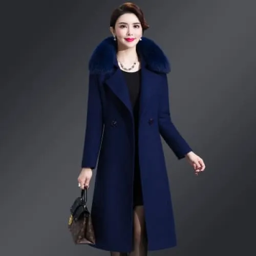 High Quality Thicken Cashmere Collar Wool Blends Women Coat