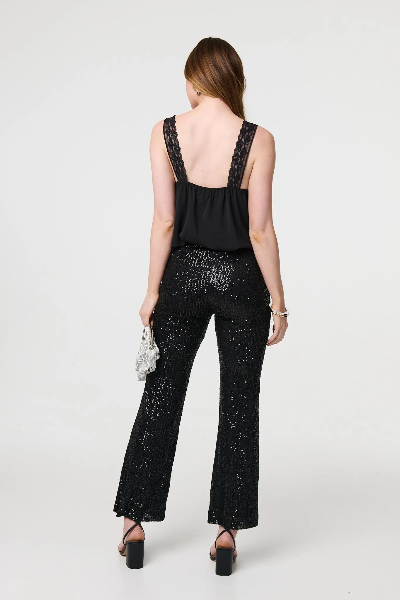 High Waist Flared Sequin Trousers