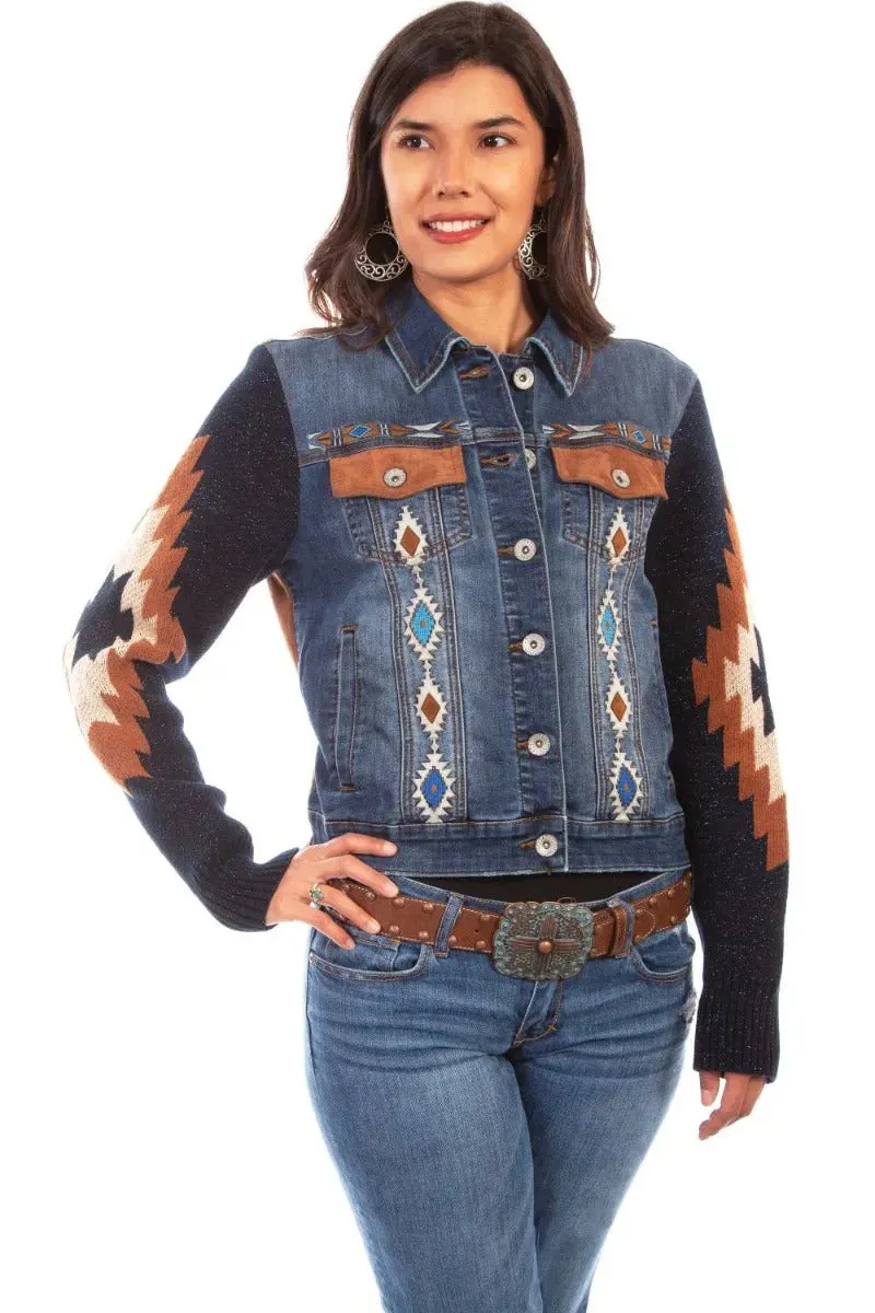 Honey Creek Aztec Embroidery - Womens Sweater Sleeve Denim Jacket