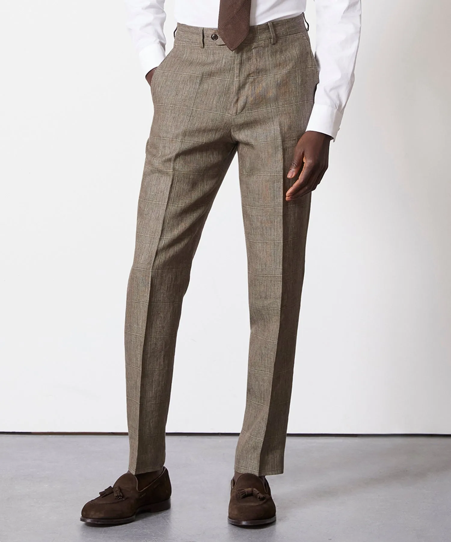 Italian Linen Sutton Trouser in Olive Glenplaid