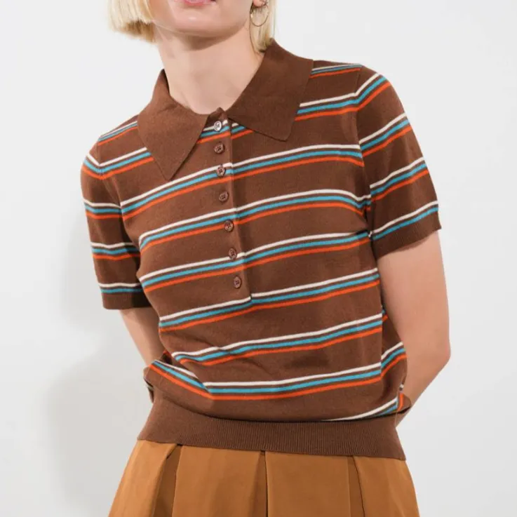 Katrina Brown Striped Button Down Polo Shirt