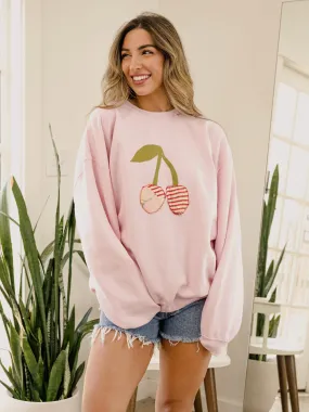 Large Cherry Quilted Applique Pink Thrifted Sweatshirt