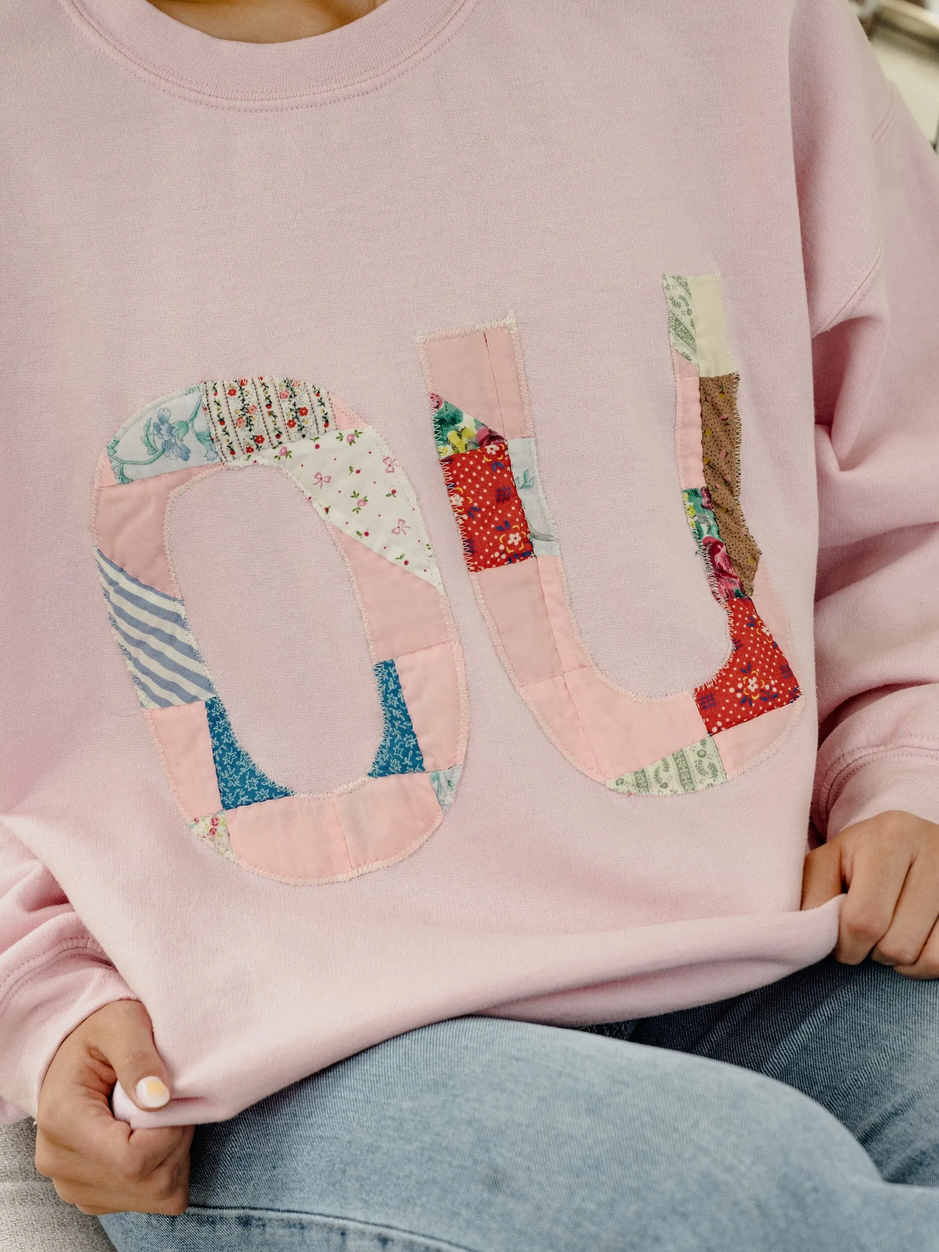 Large OU Quilted Applique Pink Thrifted Sweatshirt