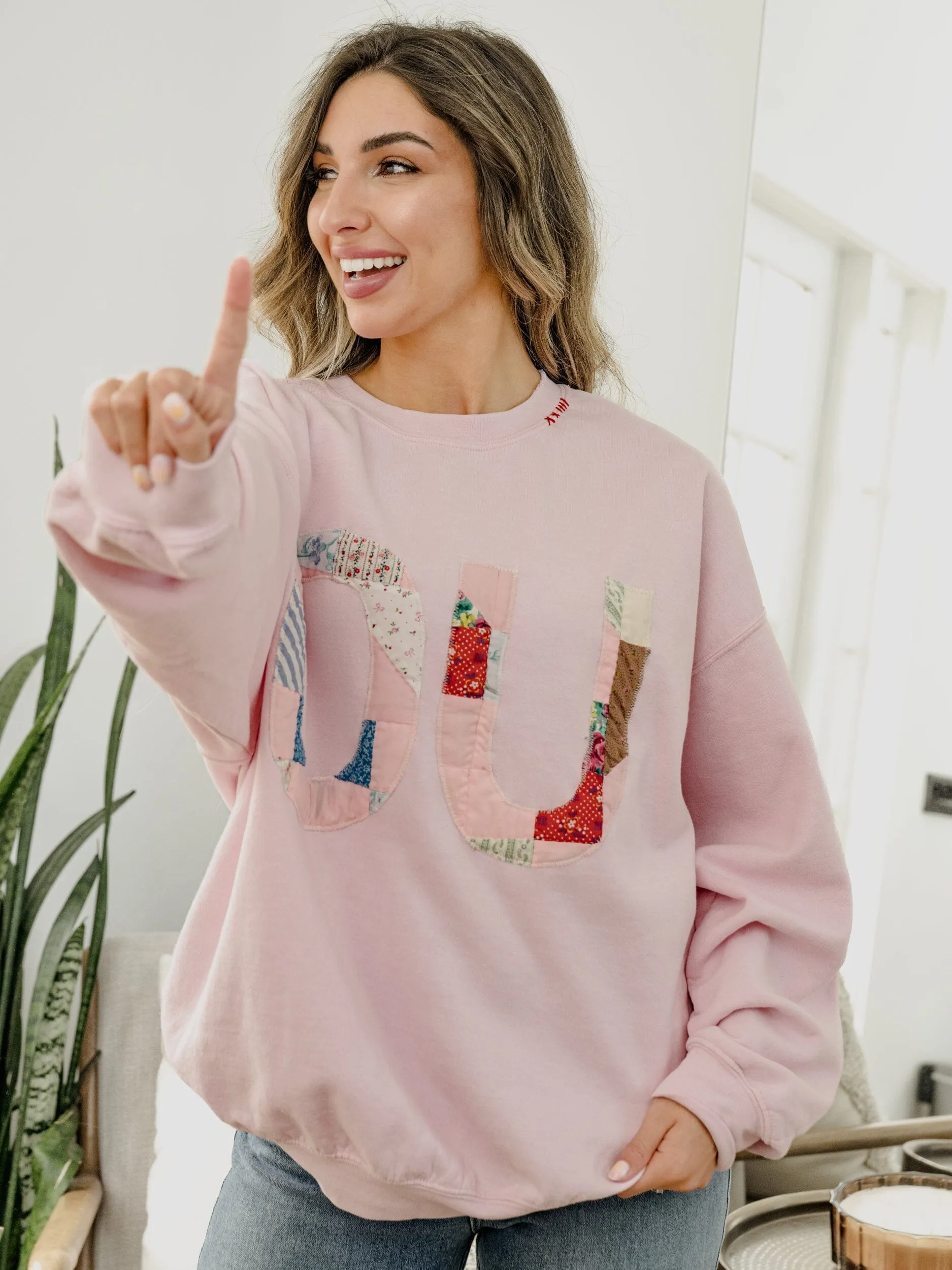 Large OU Quilted Applique Pink Thrifted Sweatshirt