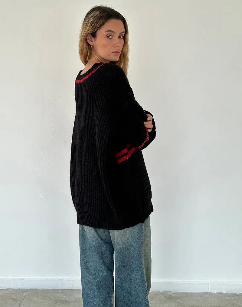 Lulees Oversized Jumper in Black with Red Star and Stripes