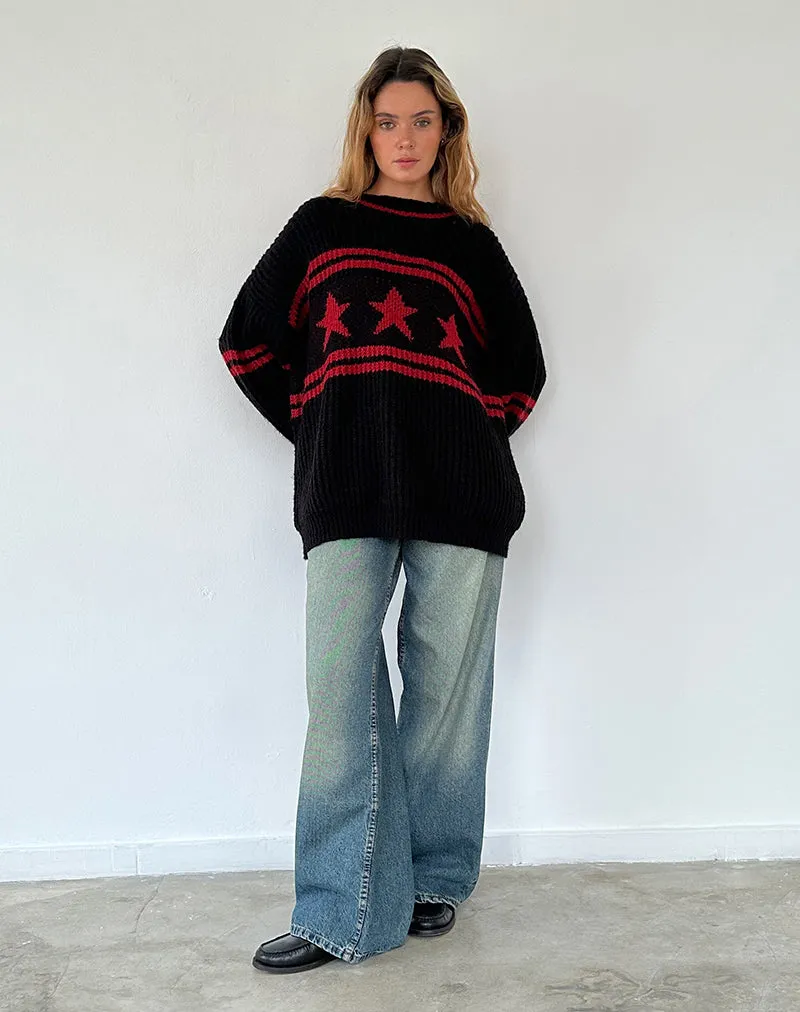 Lulees Oversized Jumper in Black with Red Star and Stripes