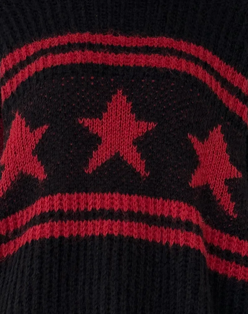 Lulees Oversized Jumper in Black with Red Star and Stripes