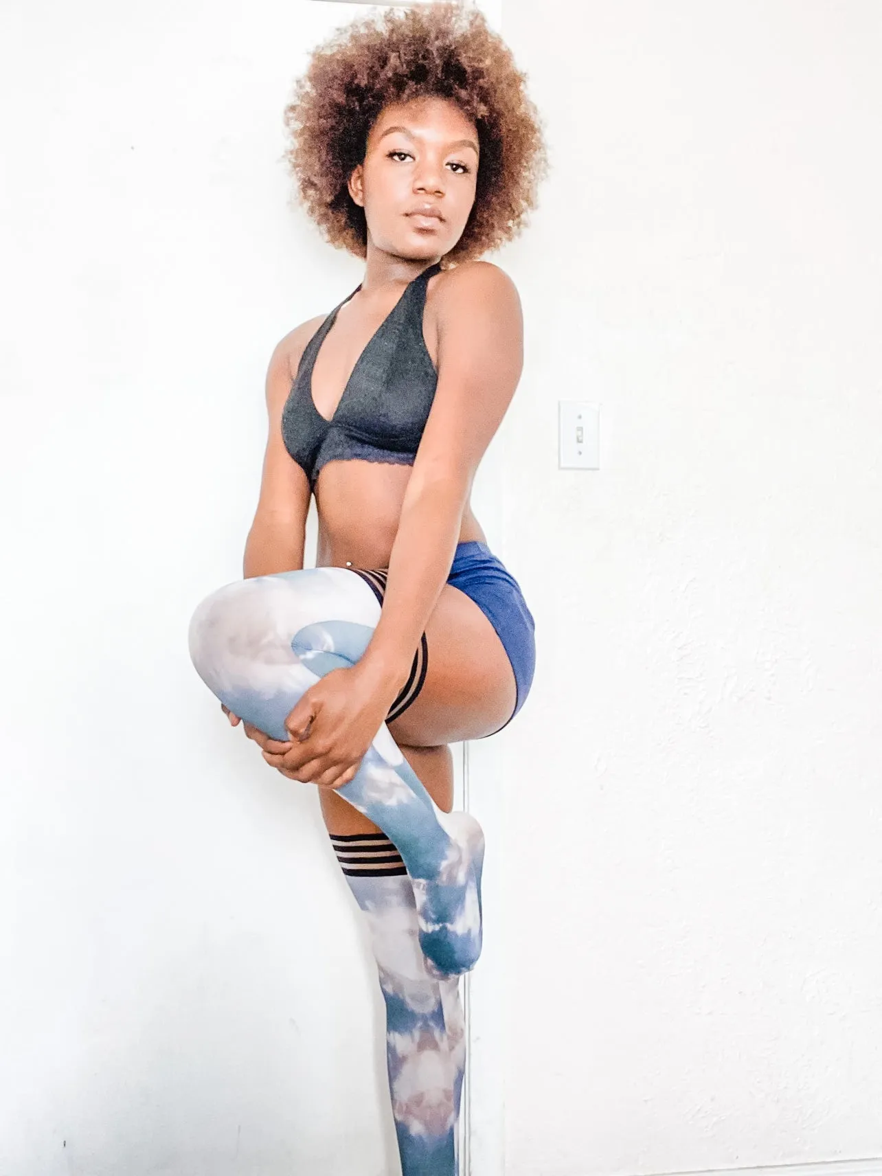 MacKenzie: Black and White Tie Dye Thigh Highs. Petite to Plus Size