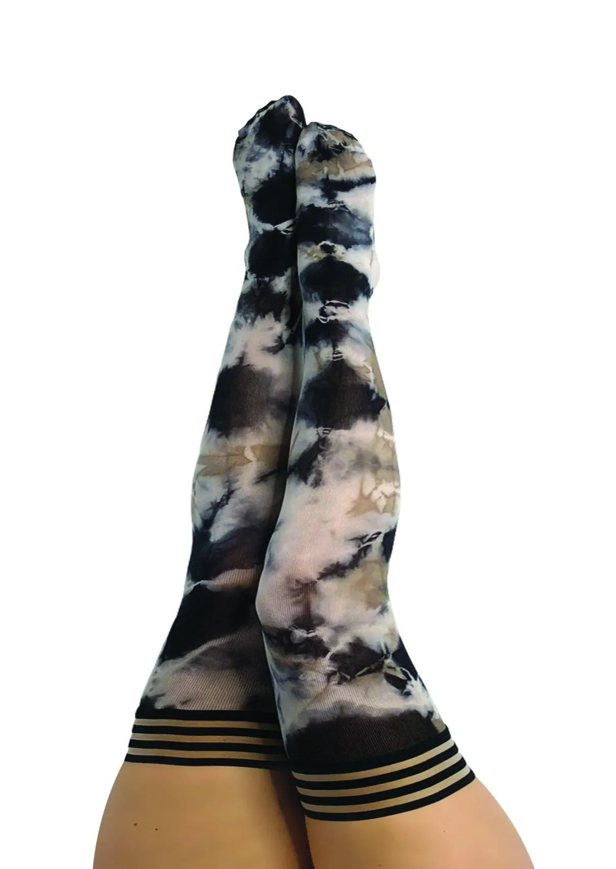 MacKenzie: Black and White Tie Dye Thigh Highs. Petite to Plus Size