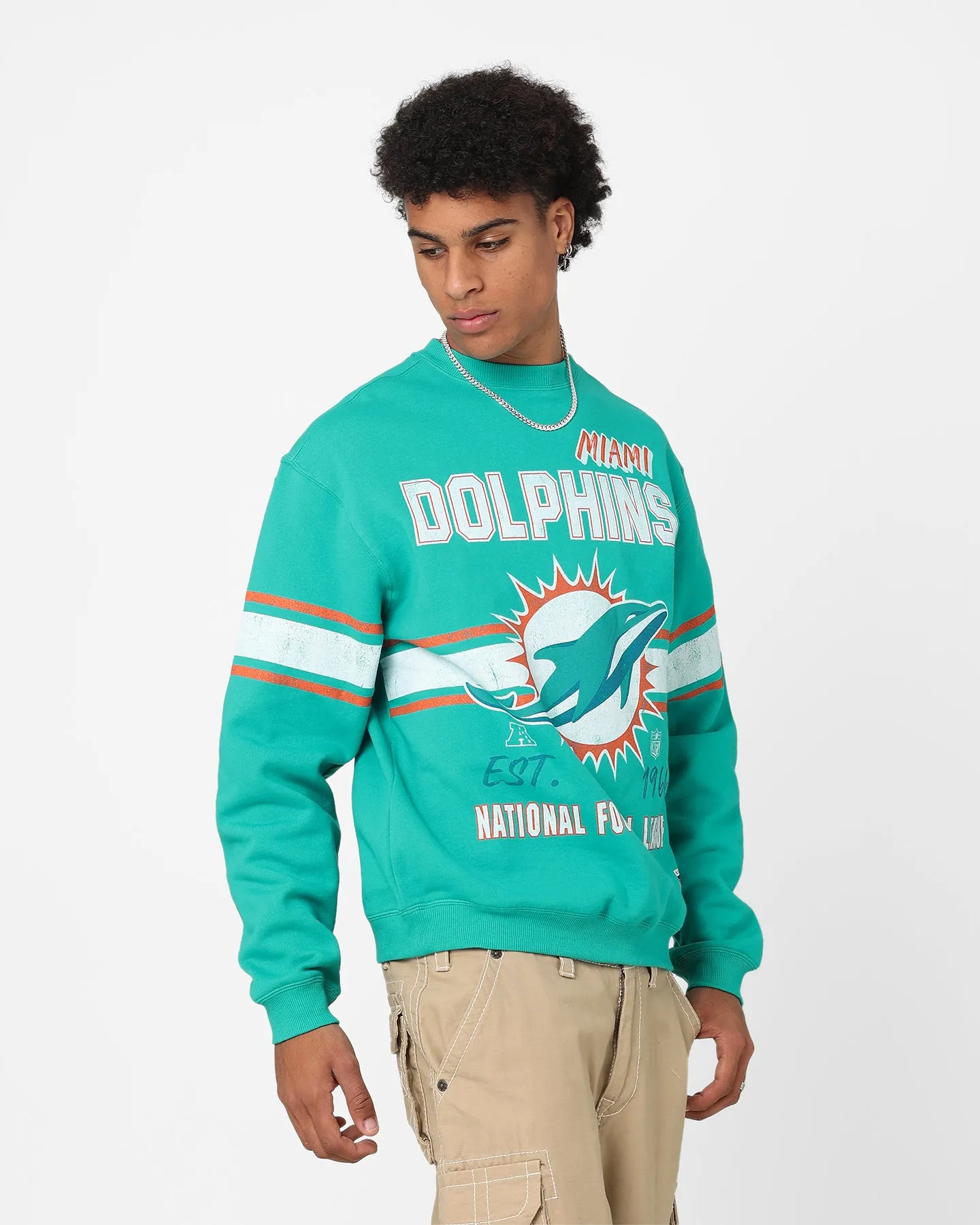 Majestic Athletic Miami Dolphins Stripe Crest Crewneck Faded Teal