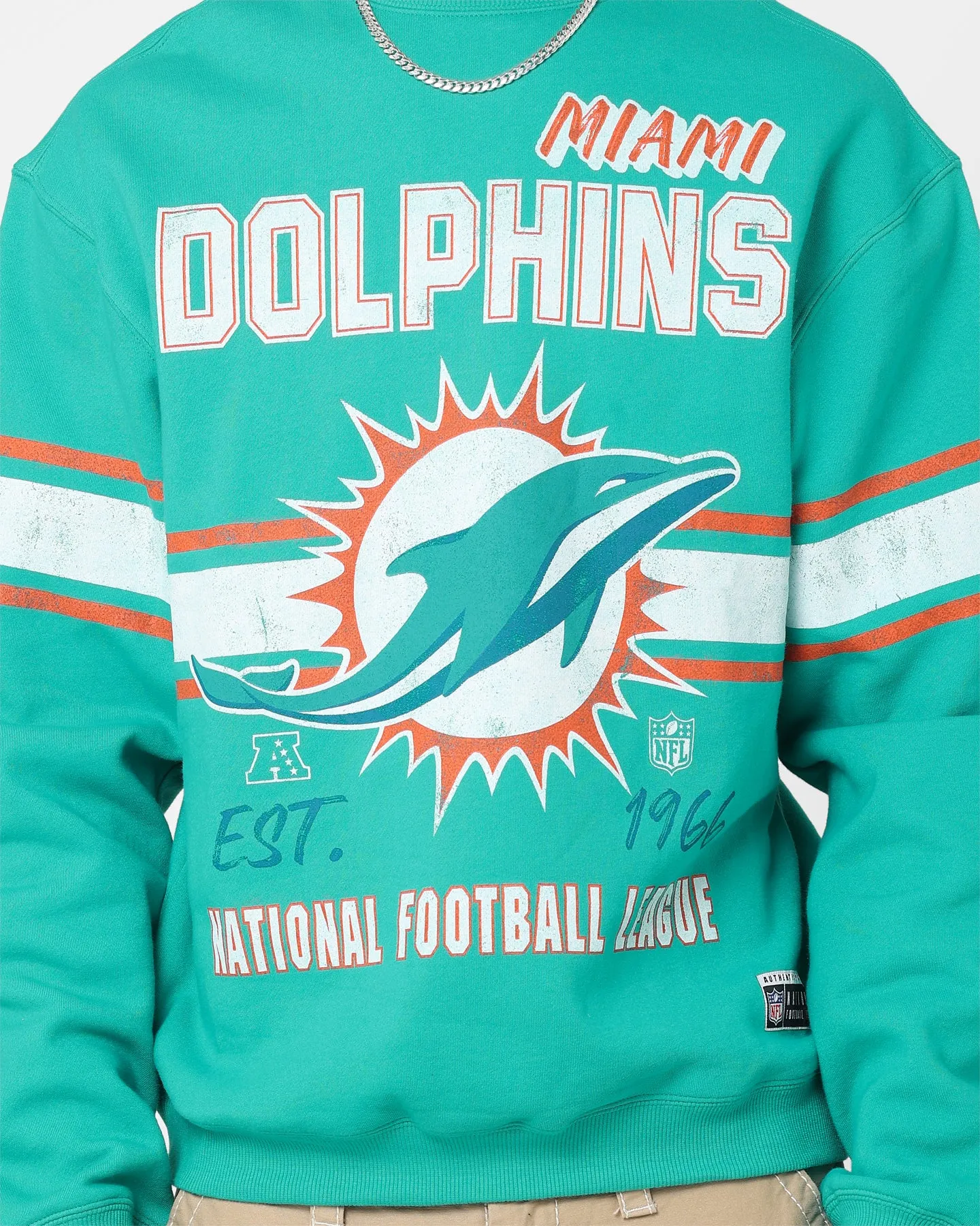 Majestic Athletic Miami Dolphins Stripe Crest Crewneck Faded Teal