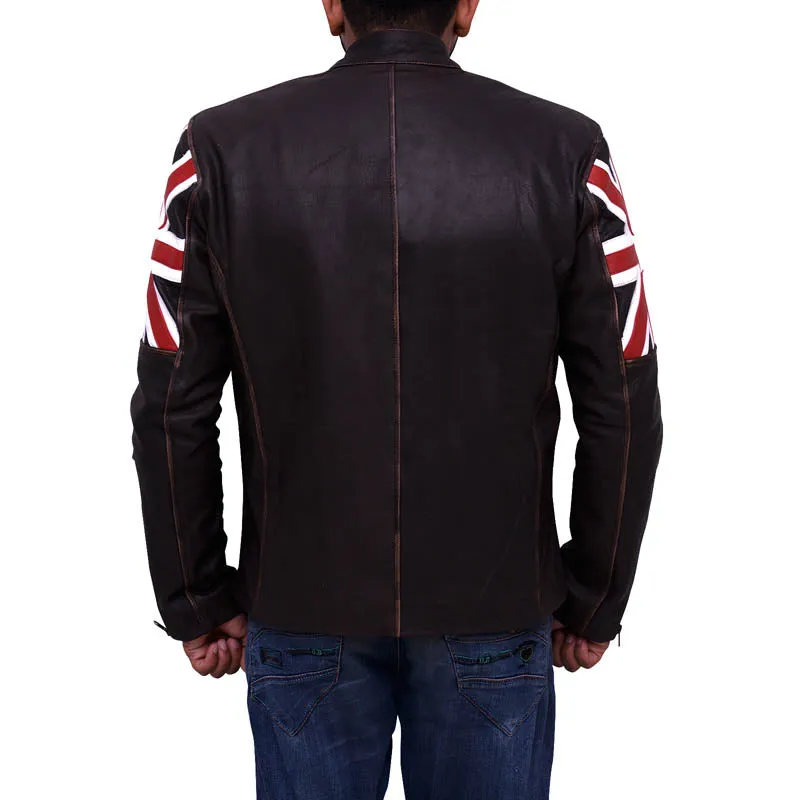 Mens Brown England Flag Biker Leather Jacket