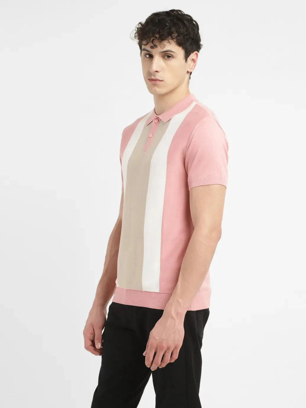 Men's Colorblock Pink Polo Collar Sweater