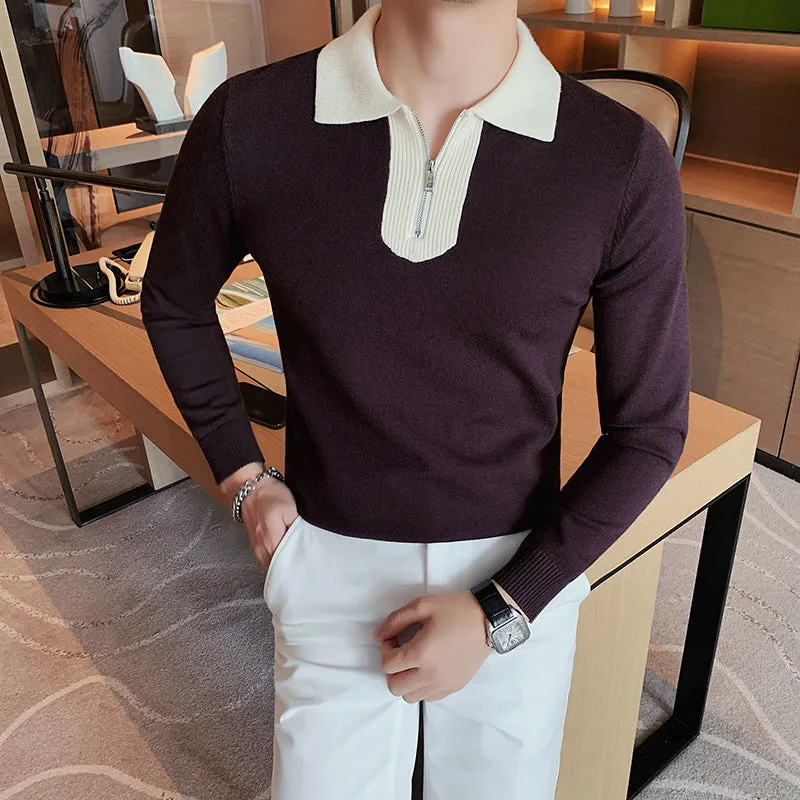 Men's Half Zip Sweater Lapel Knitted Sweater Long Sleeve POLO Shirt