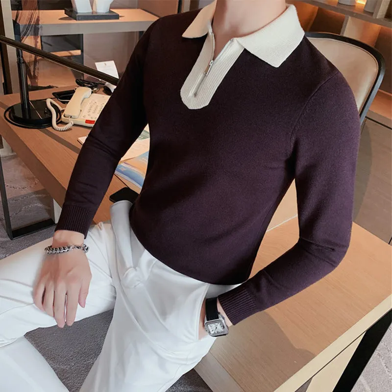 Men's Half Zip Sweater Lapel Knitted Sweater Long Sleeve POLO Shirt