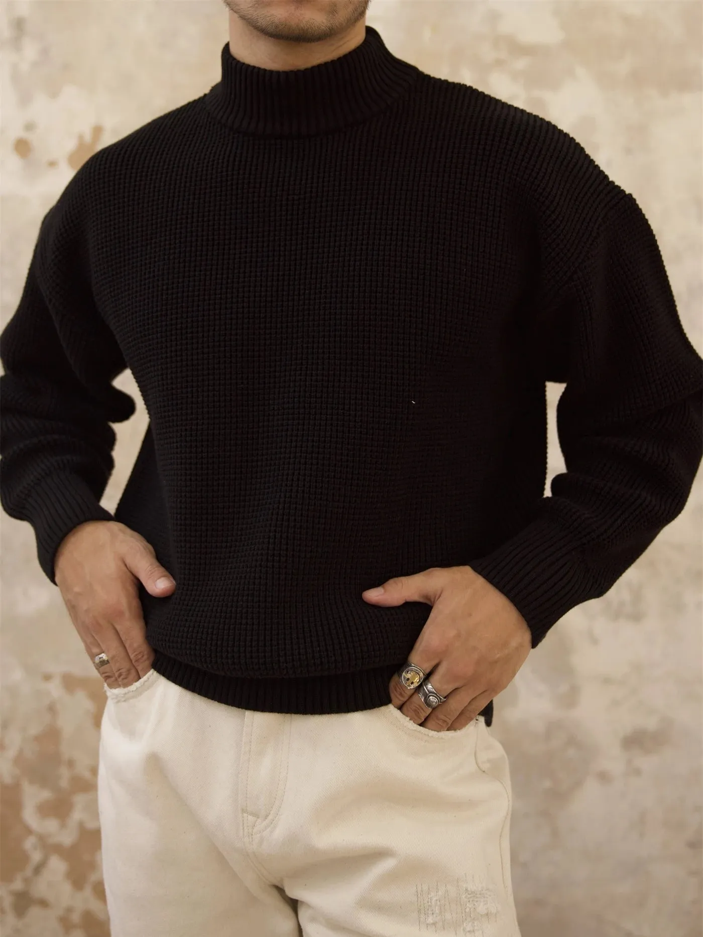 Men's Waffle Pattern Thick Loose Fit Sweater - Crew Neck