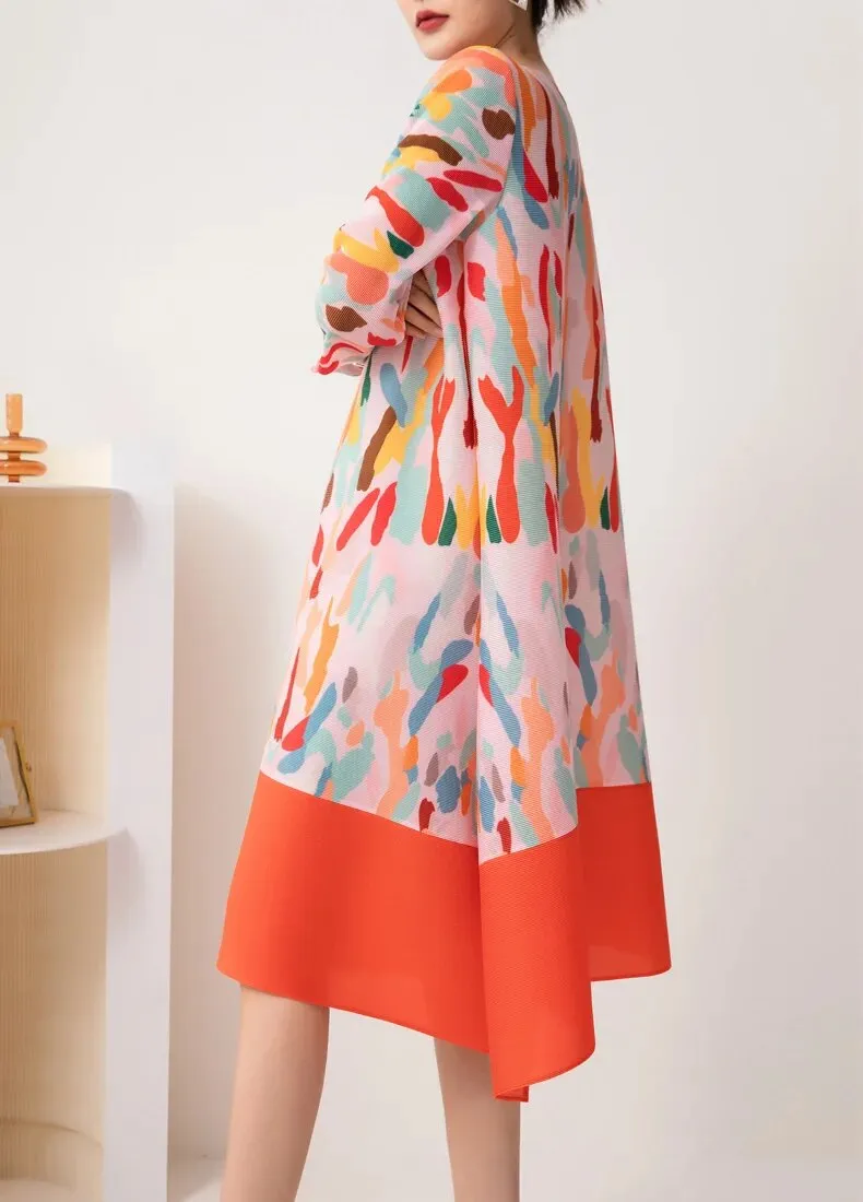 Miyake Pleated Abstract Print Round Neck Midi Dress