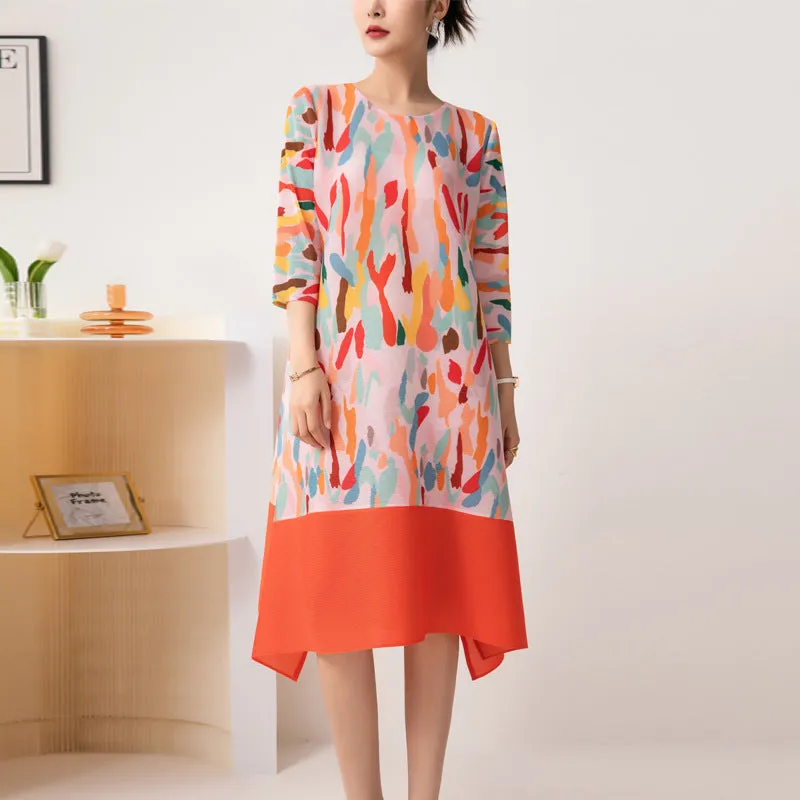 Miyake Pleated Abstract Print Round Neck Midi Dress