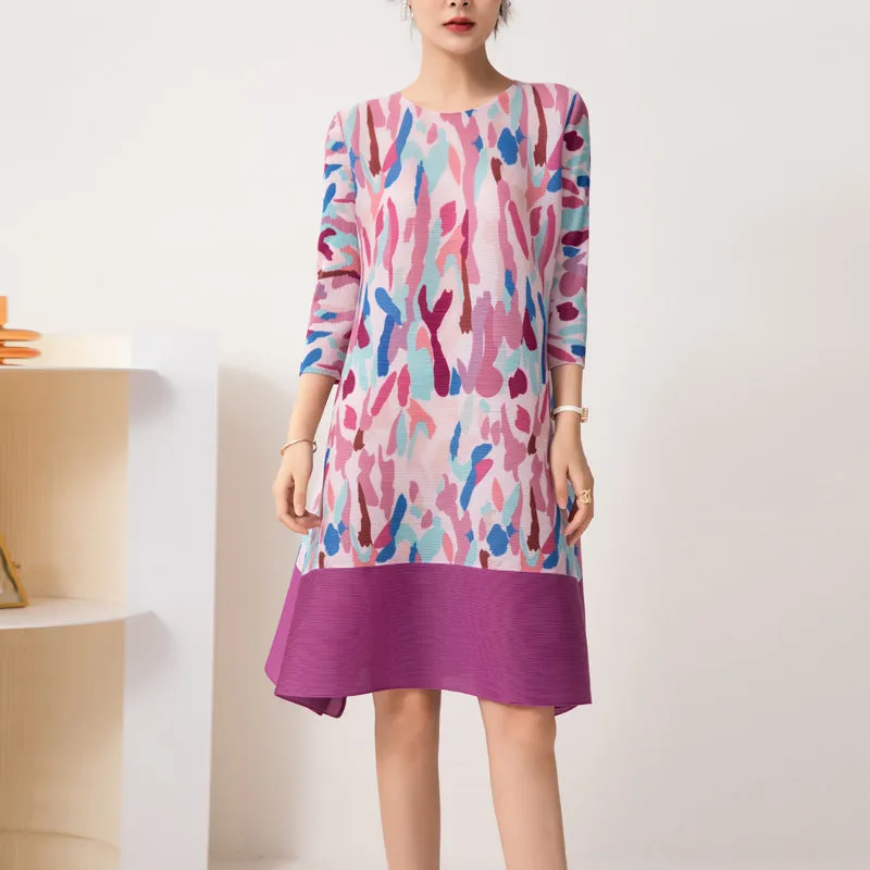 Miyake Pleated Abstract Print Round Neck Midi Dress