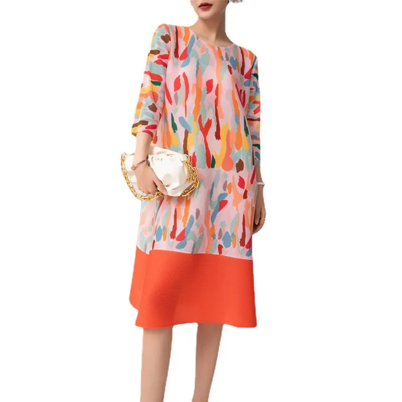 Miyake Pleated Abstract Print Round Neck Midi Dress