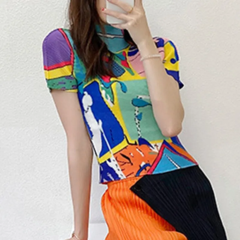 Miyake Pleated Abstract Print Short Sleeve Top