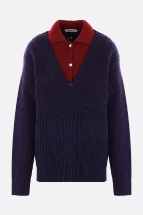 mohair wool V-neck sweater with polo detail