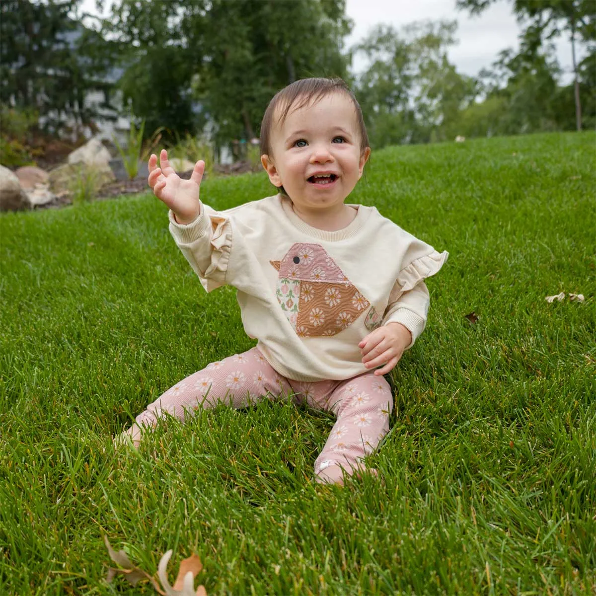 oh baby! Millie Slouch Sweatshirt with Quilted Bird Applique - Vanilla