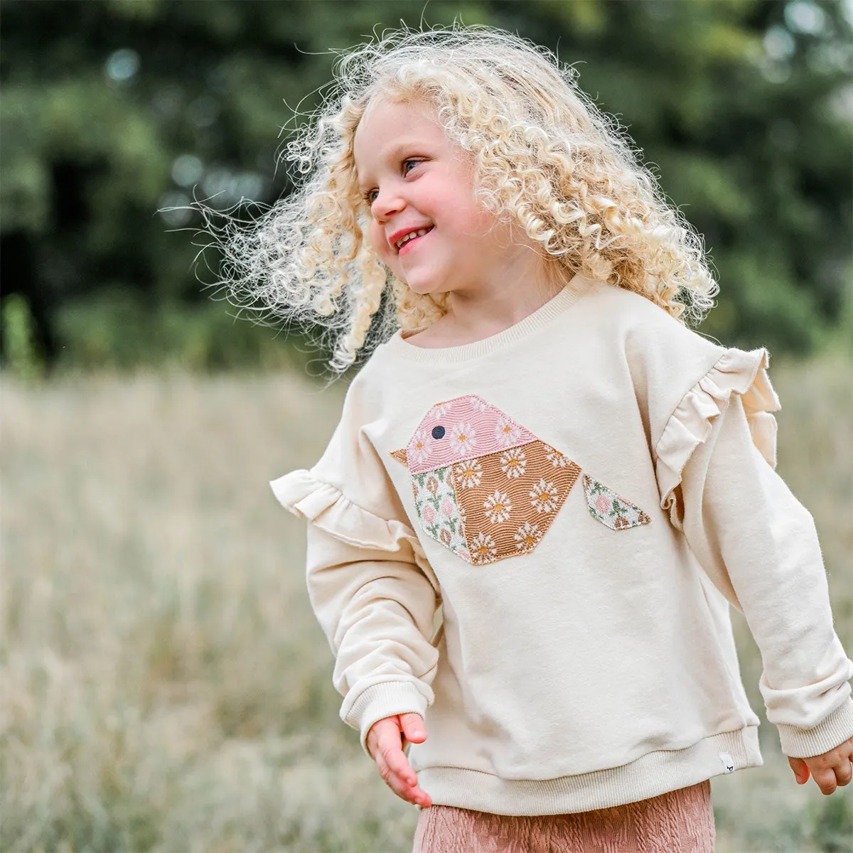 oh baby! Millie Slouch Sweatshirt with Quilted Bird Applique - Vanilla