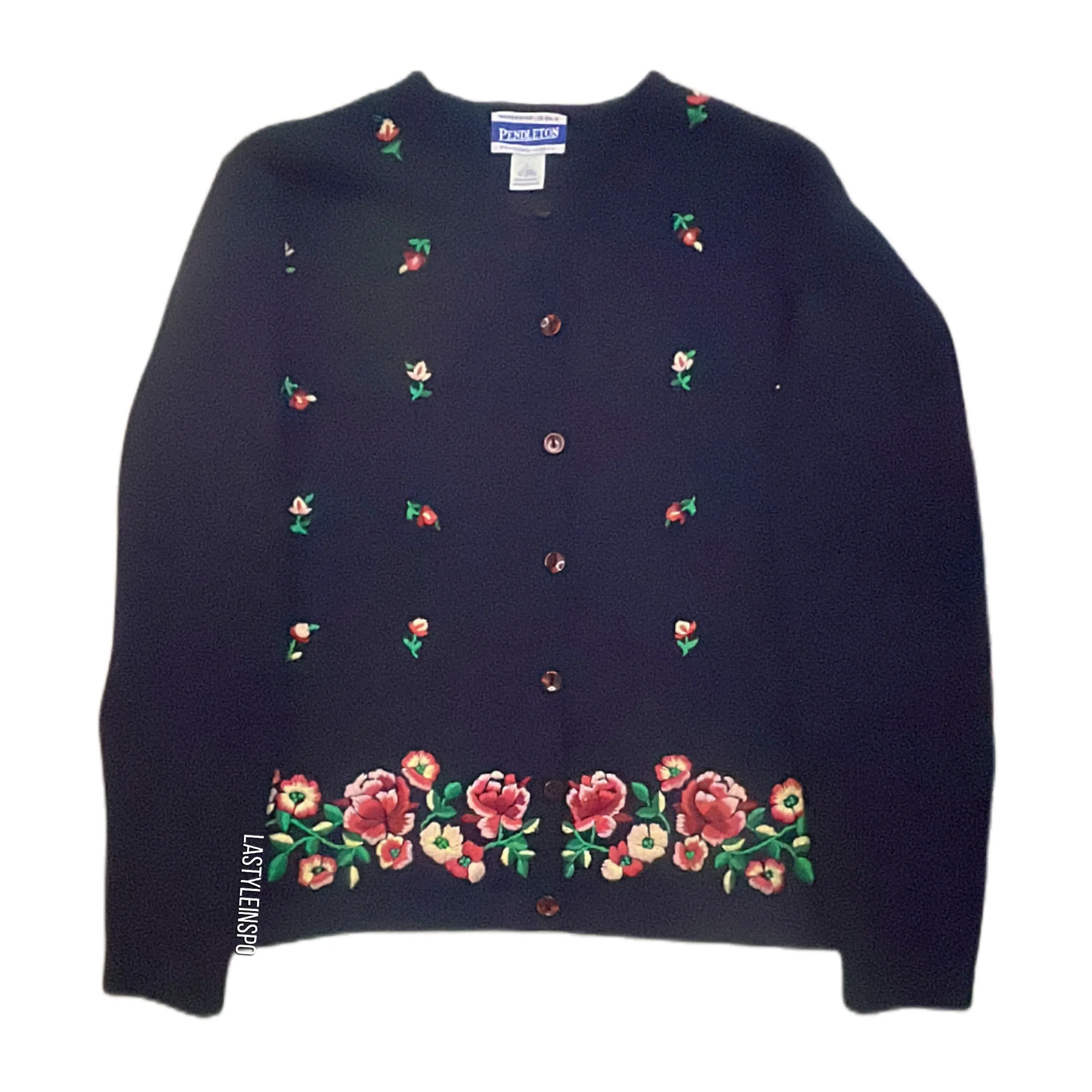 Pendleton Floral Embroidered Open Sweater Blue Size Large