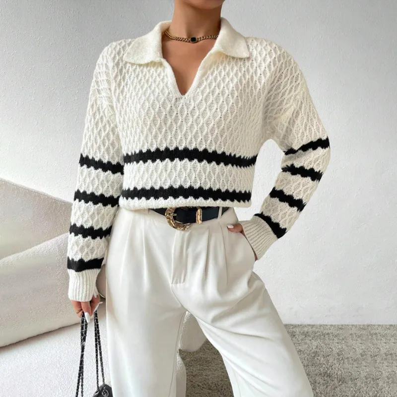 Polo Collar Pullover Classic Striped Sweater