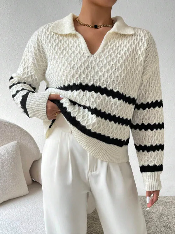 Polo Collar Pullover Classic Striped Sweater