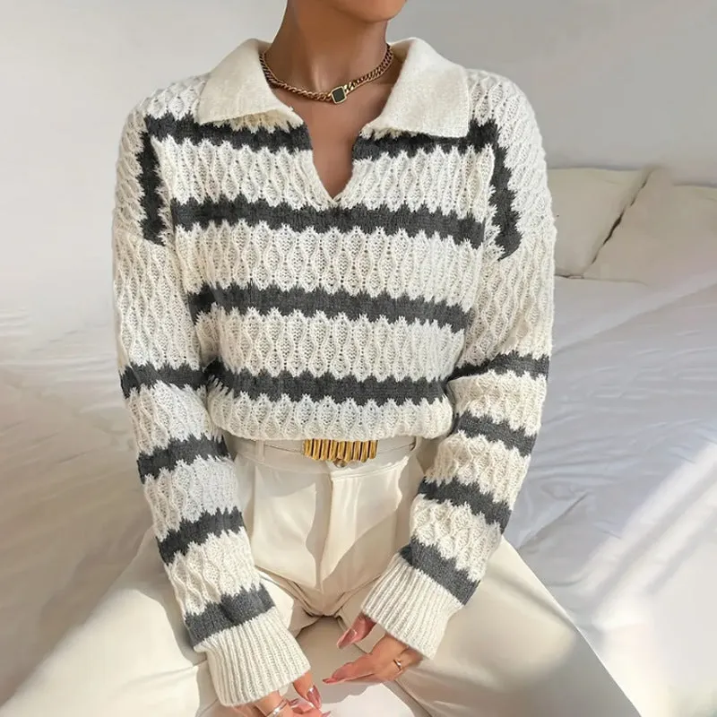 Polo Collar Pullover Classic Striped Sweater