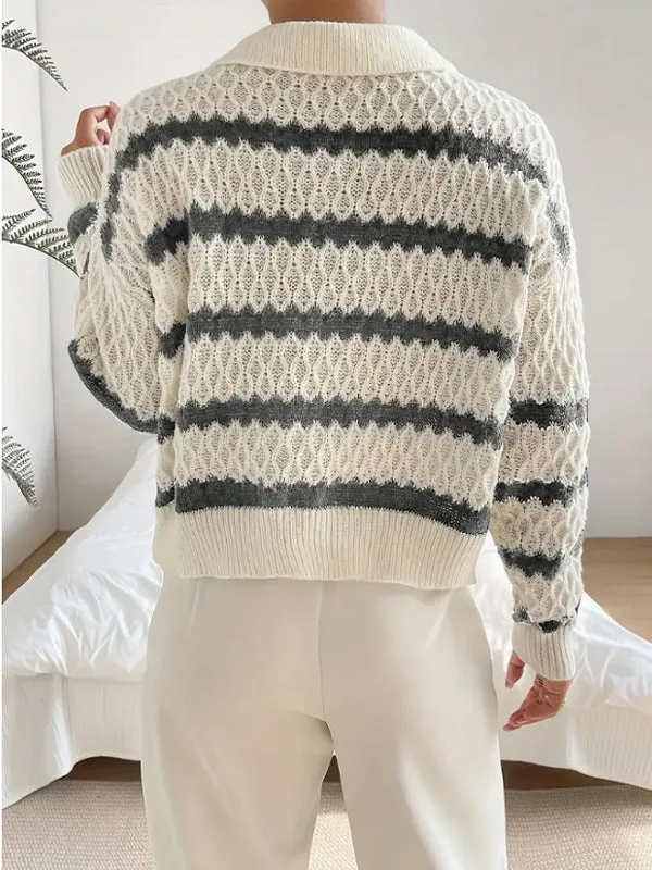 Polo Collar Pullover Classic Striped Sweater