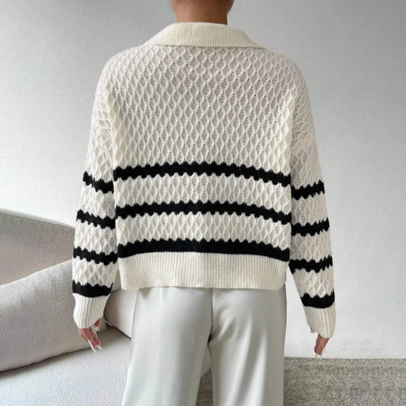 Polo Collar Pullover Classic Striped Sweater